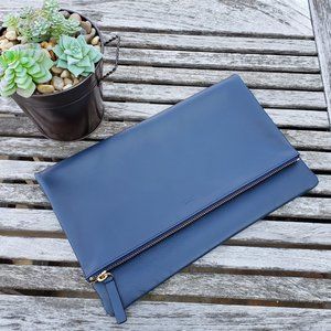 Everlane Foldover Pouch Clutch Navy Blue Leather